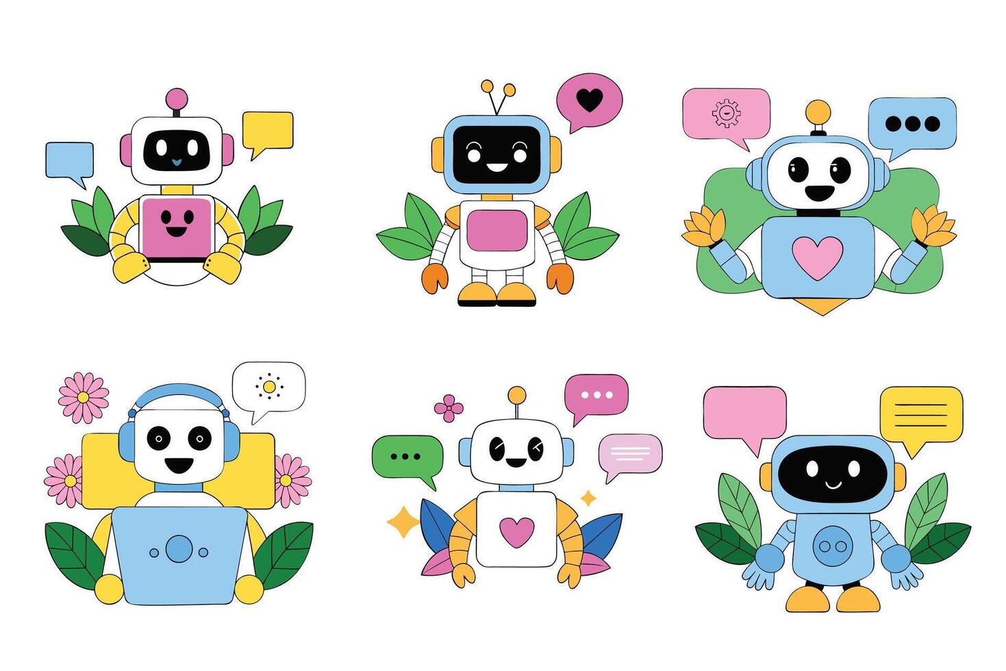 Set of cute robots with speech bubbles vector