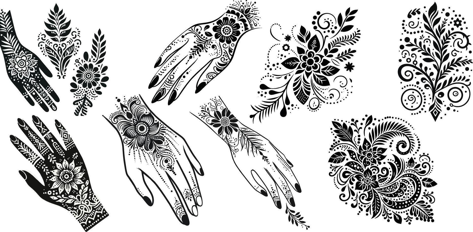 Various henna designs on the hands vector