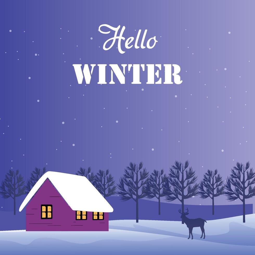 Cabin by the mountains hello winter background with deer vector