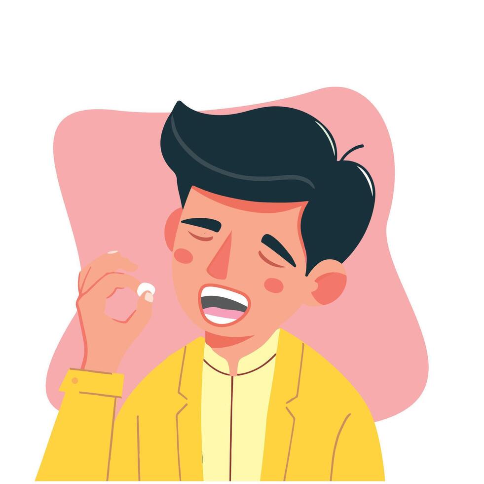 the expression of a man wearing a suit. taking medicine or candy vector