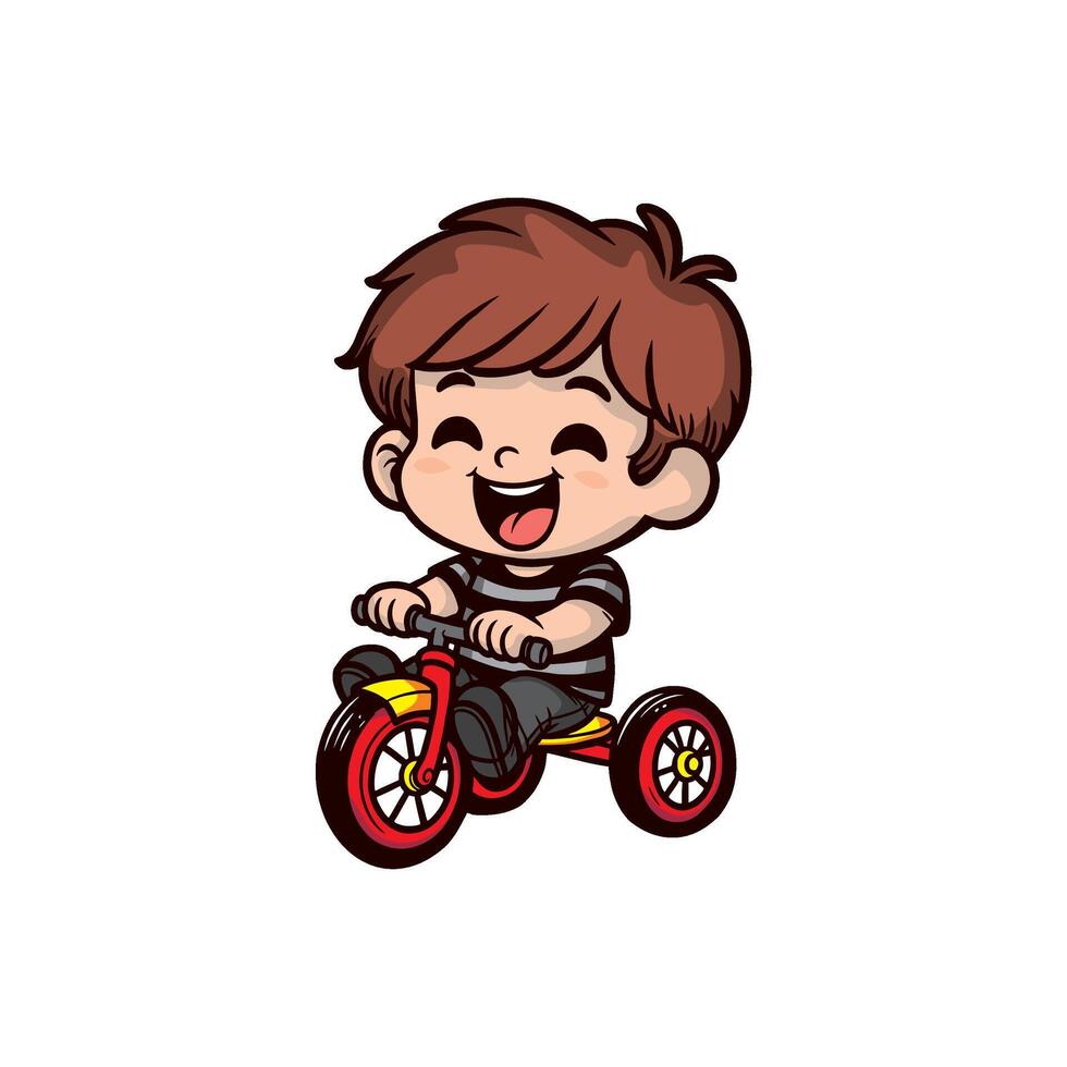 A boy with red hair, a white tshirt with black stripes, was having fun riding his red tricycle here and there vector