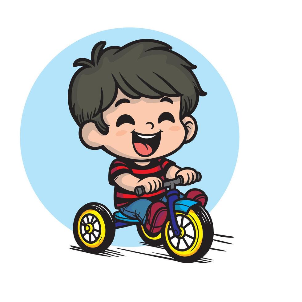 A boy with gray hair, a red bag with black stripes, was having fun riding his tricycle here and there vector