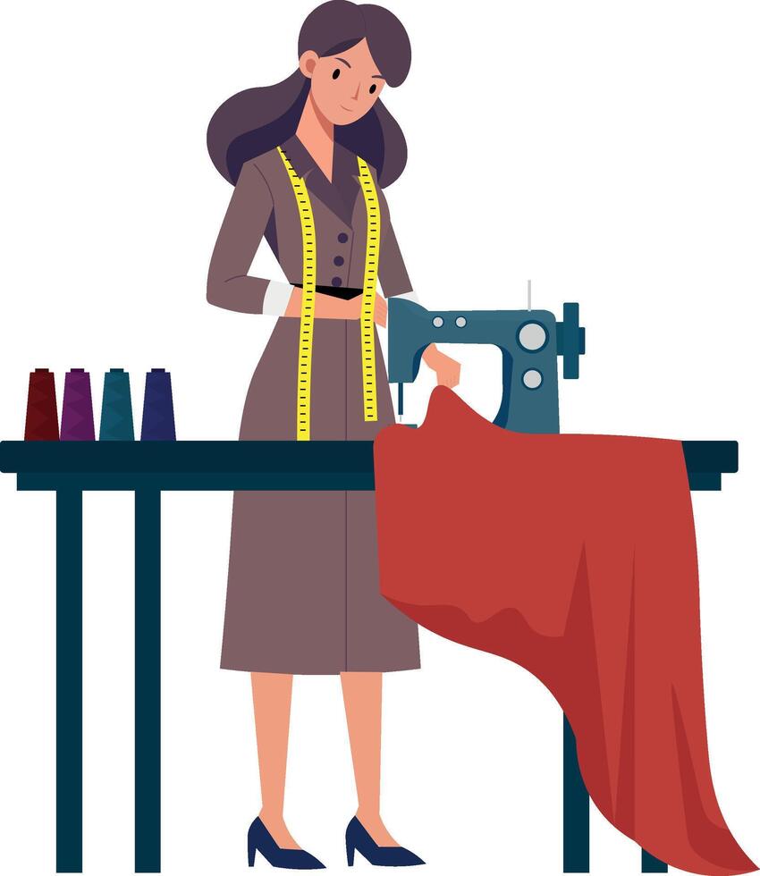 woman, seamstress illustration, flat style, with sewing machine and fabric vector