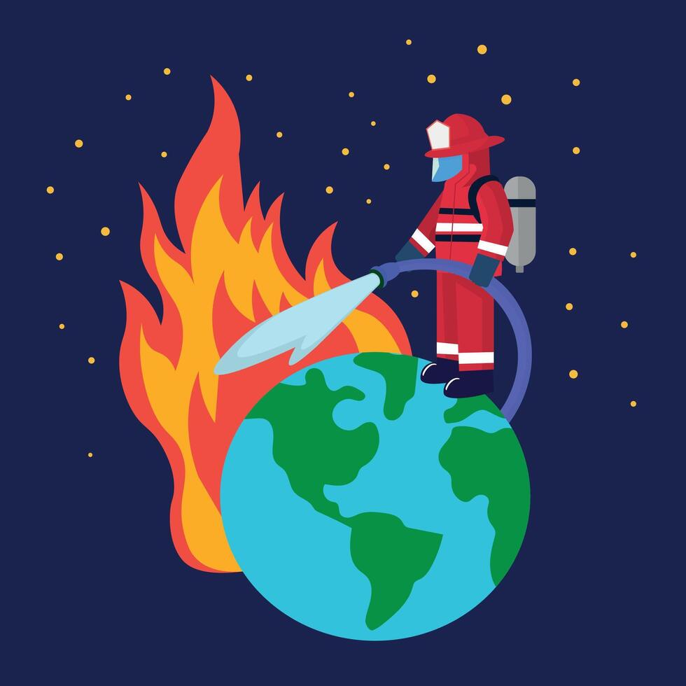 Firefighter putting out the fire on the planet, illustration, pattern, background vector