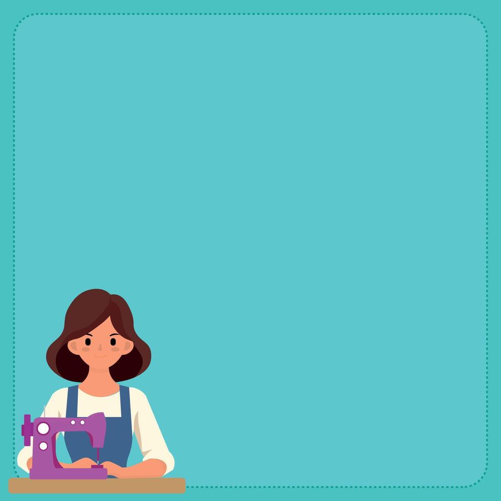 woman, seamstress illustration, flat style, with sewing machine and fabric, for designer backgrounds vector