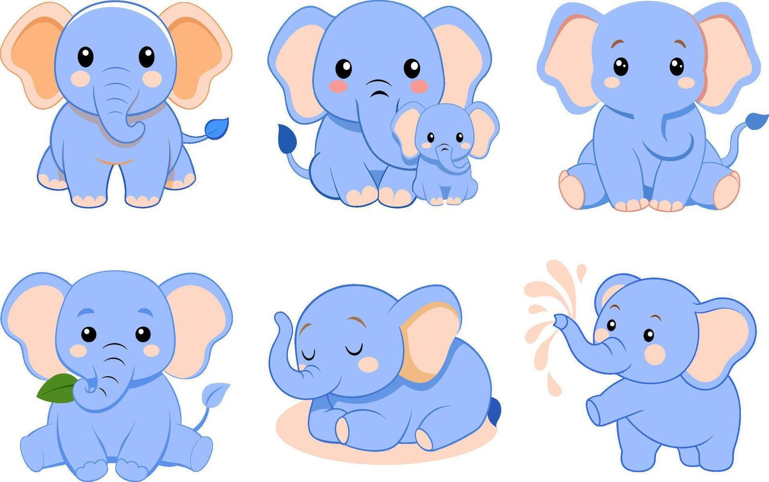 Cute Blue Cartoon Elephants in Various Poses vector