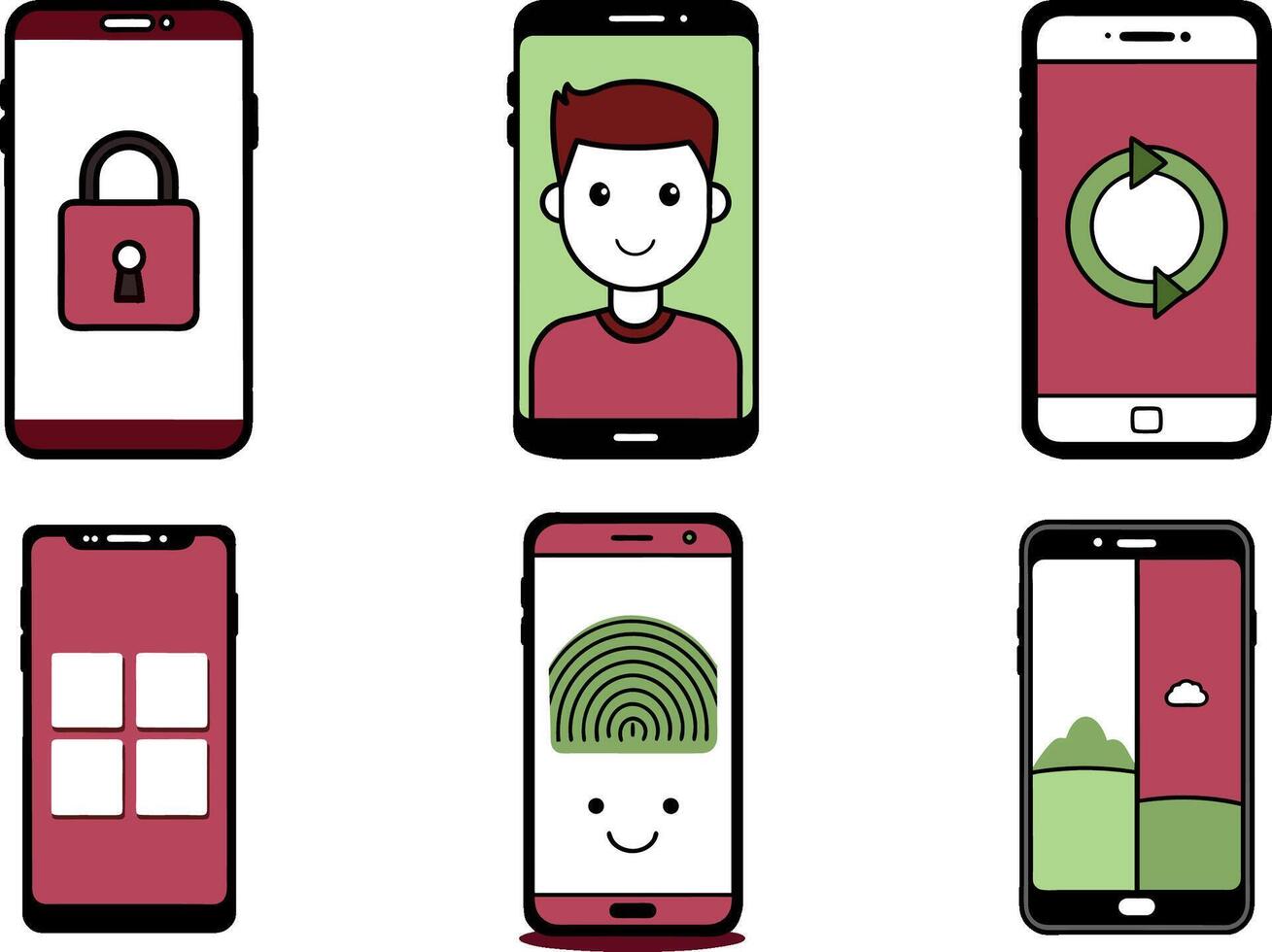 Smartphone display and control features set vector