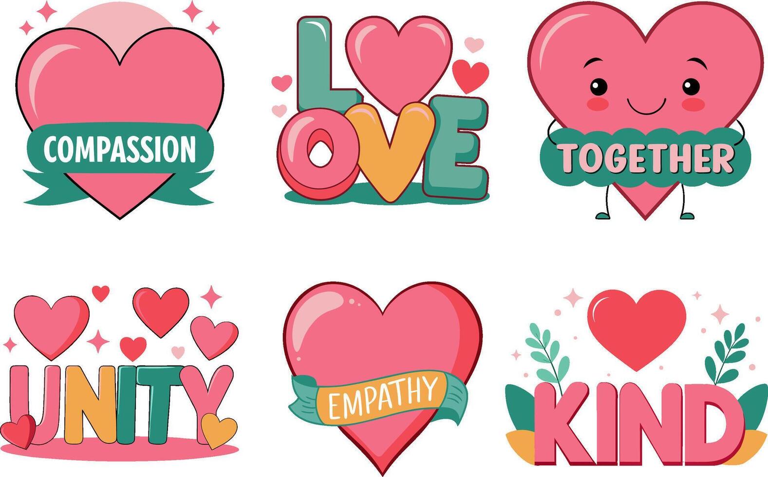 Inspirational love and kindness designs with hearts and positive words vector