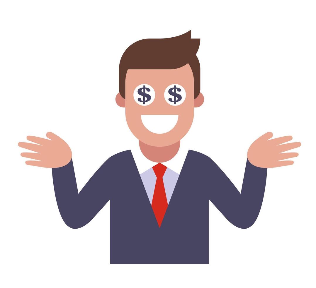 The man has dollars in his eyes. A greedy man is a businessman. vector