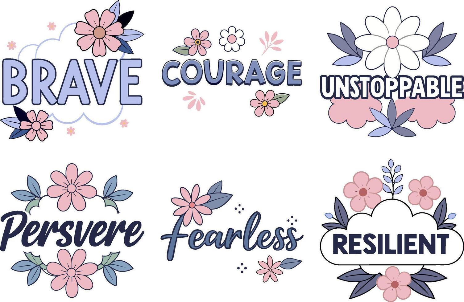 Inspirational designs with strength and resilience quotes and flowers vector