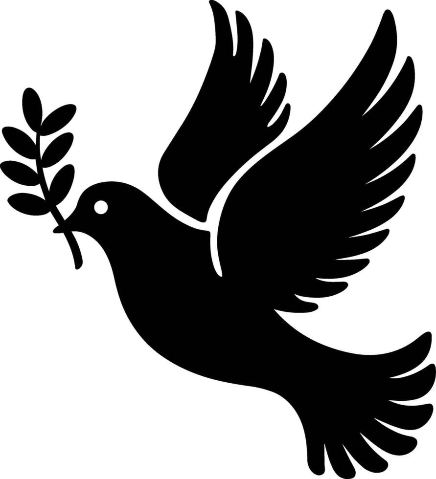 A black and white silhouette of a dove with an olive branch vector