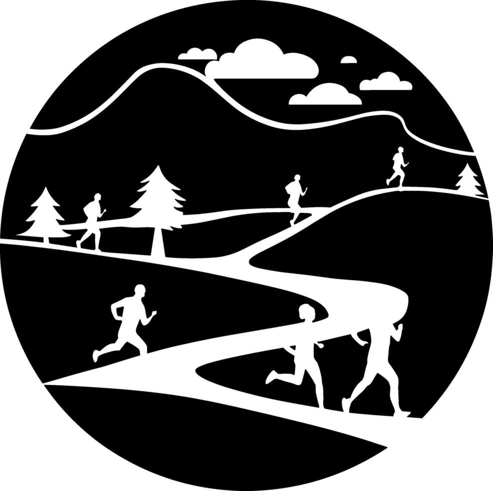 A black and white illustration of people running in the woods vector