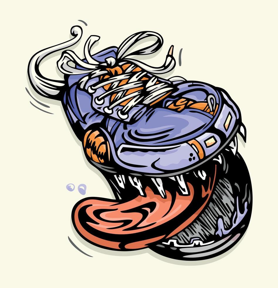 Colorful illustration in cartoon style of sneakers featured with mouth, tongue and teeth. Fantasy art for prints on T-shirts, posters and etc ... vector