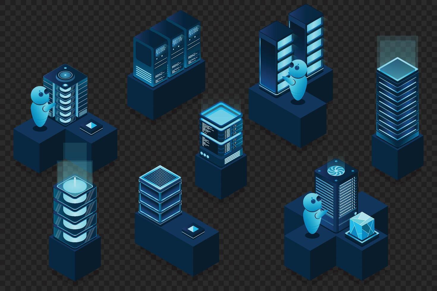 3d isometric concept big data center with server. Cloud computing. Network mainframe infrastructure. Isometric high technology concept vector