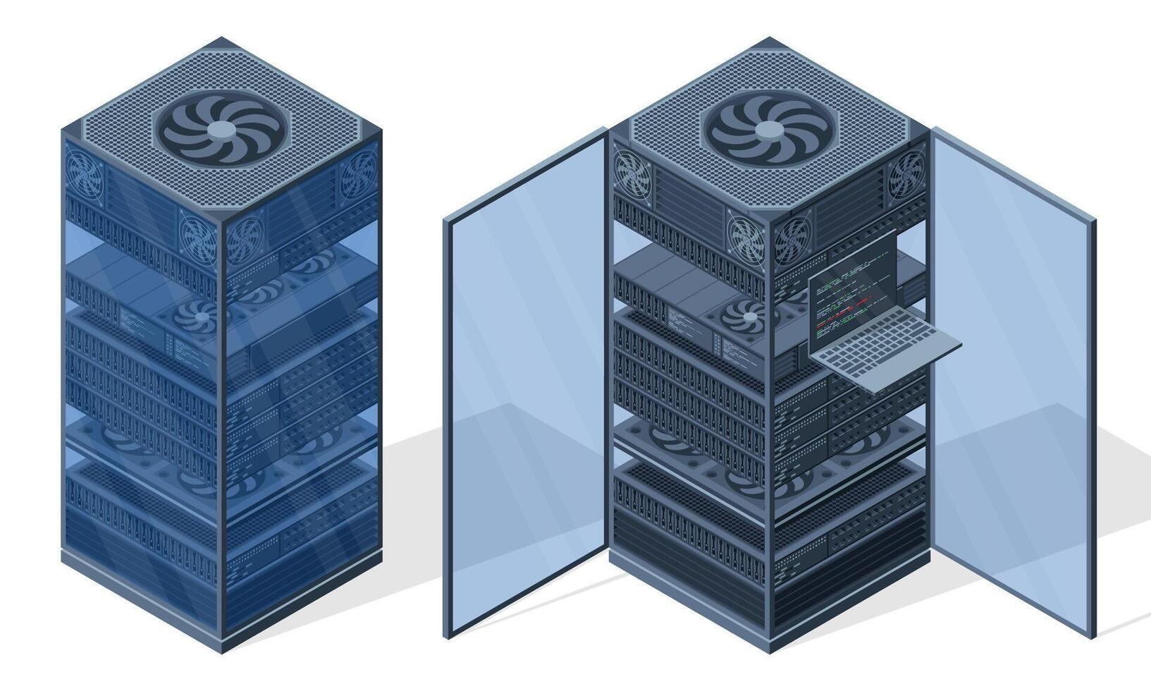 Isometric server. Server racks. Server boxes isolated. Network server room. Computer network technology. illustration vector