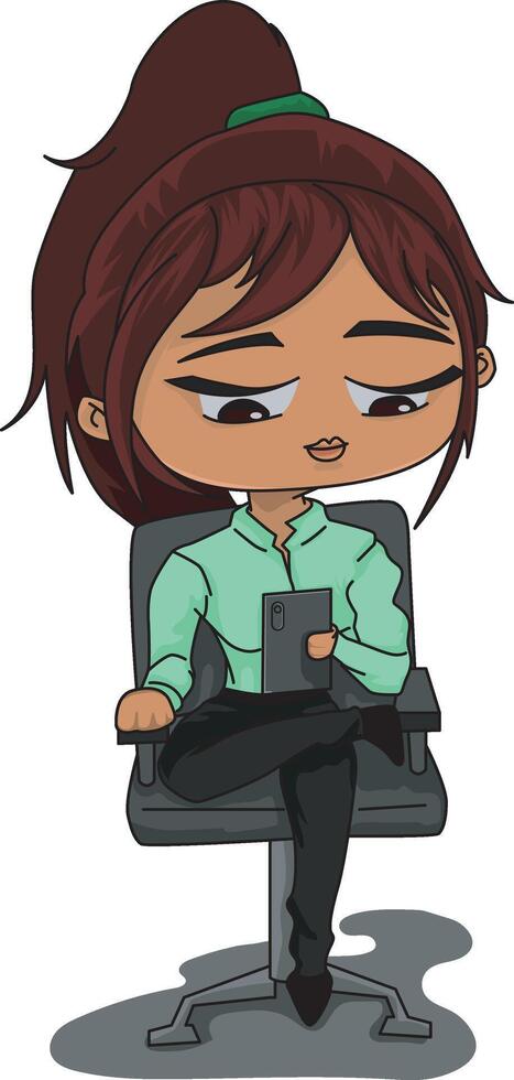 office girl working on phone cute anime illustration vector
