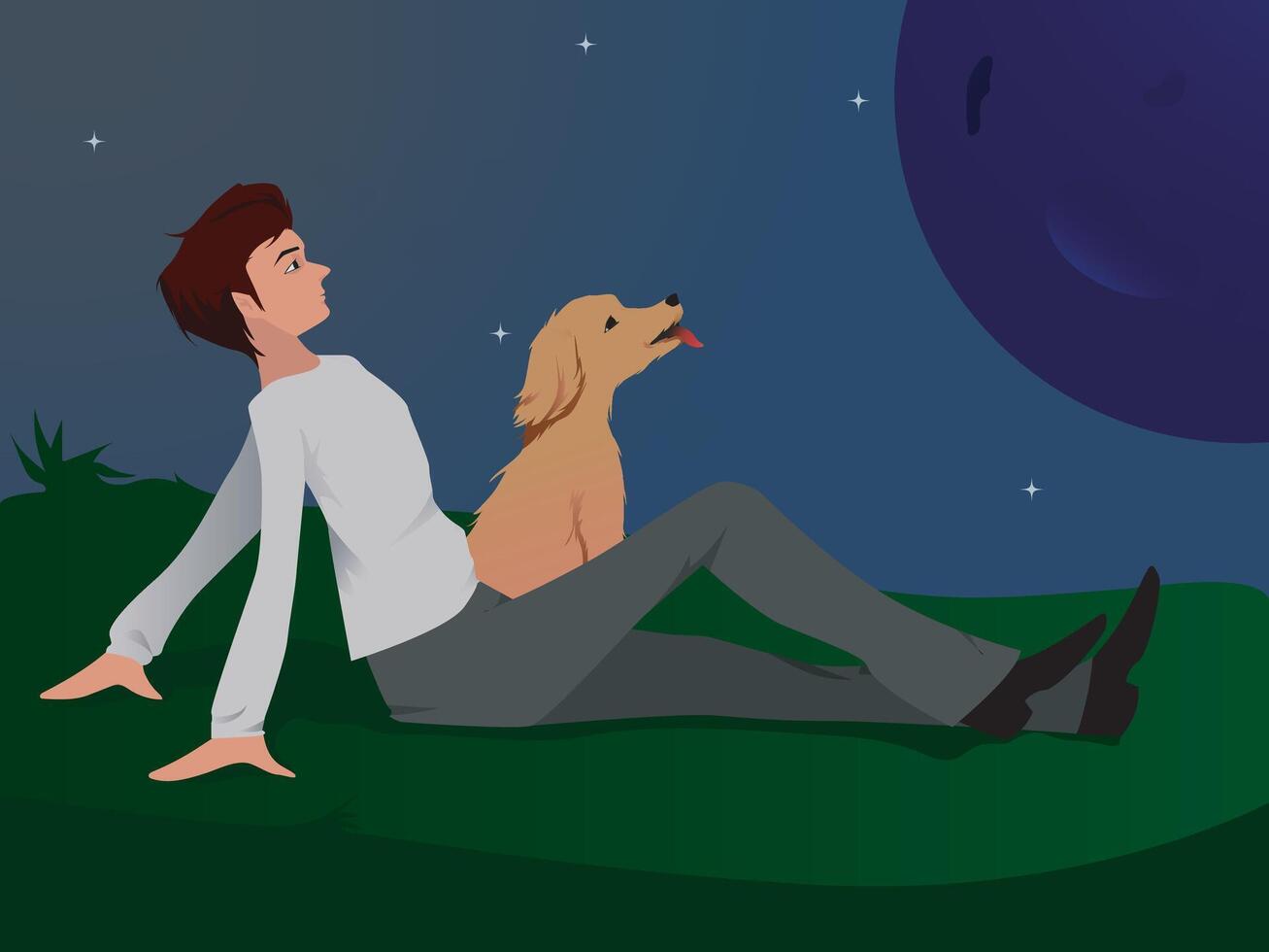 man enjoy night view with dog cartoon illustration vector