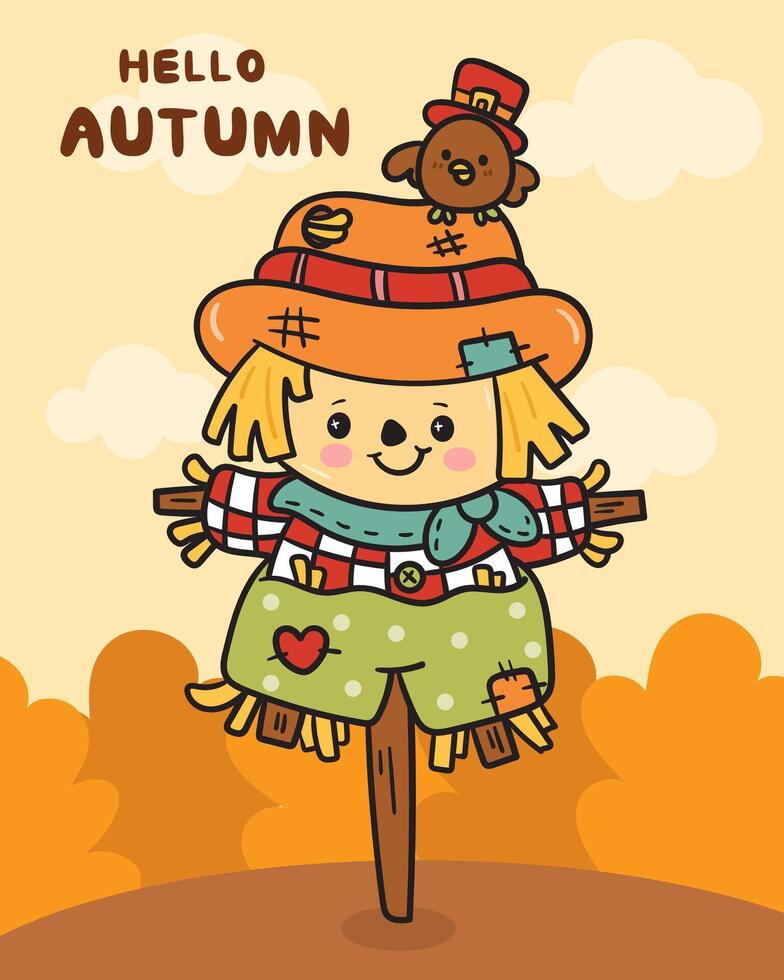 Happy Autumn fall season scarecrow with little bird vector