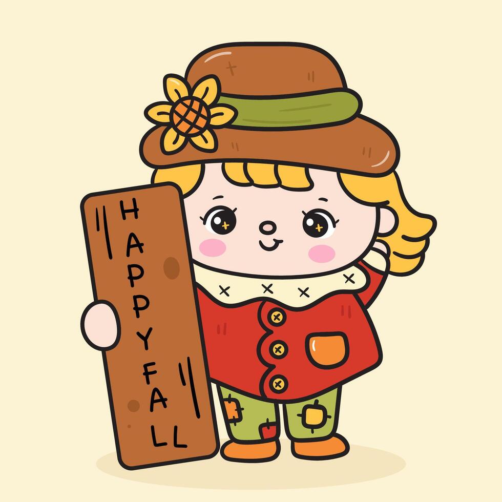 Autumn girl fall season with wood label kawaii cartoon vector