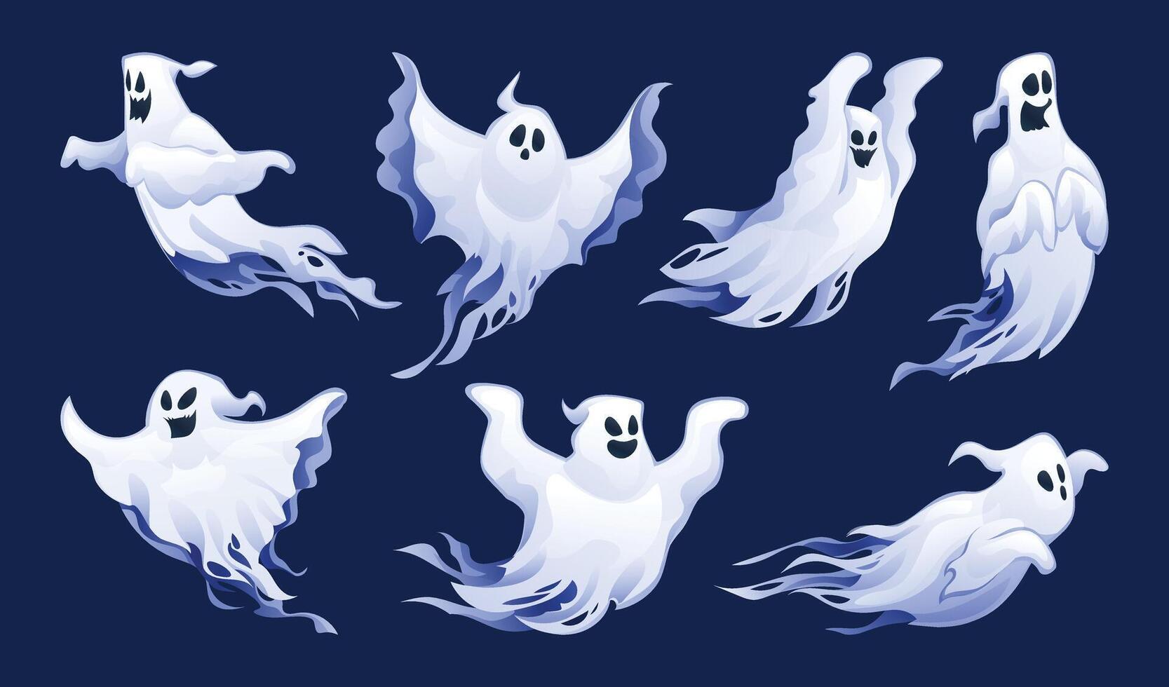 Set of spooky ghost characters in different flying poses. Cartoon illustration vector