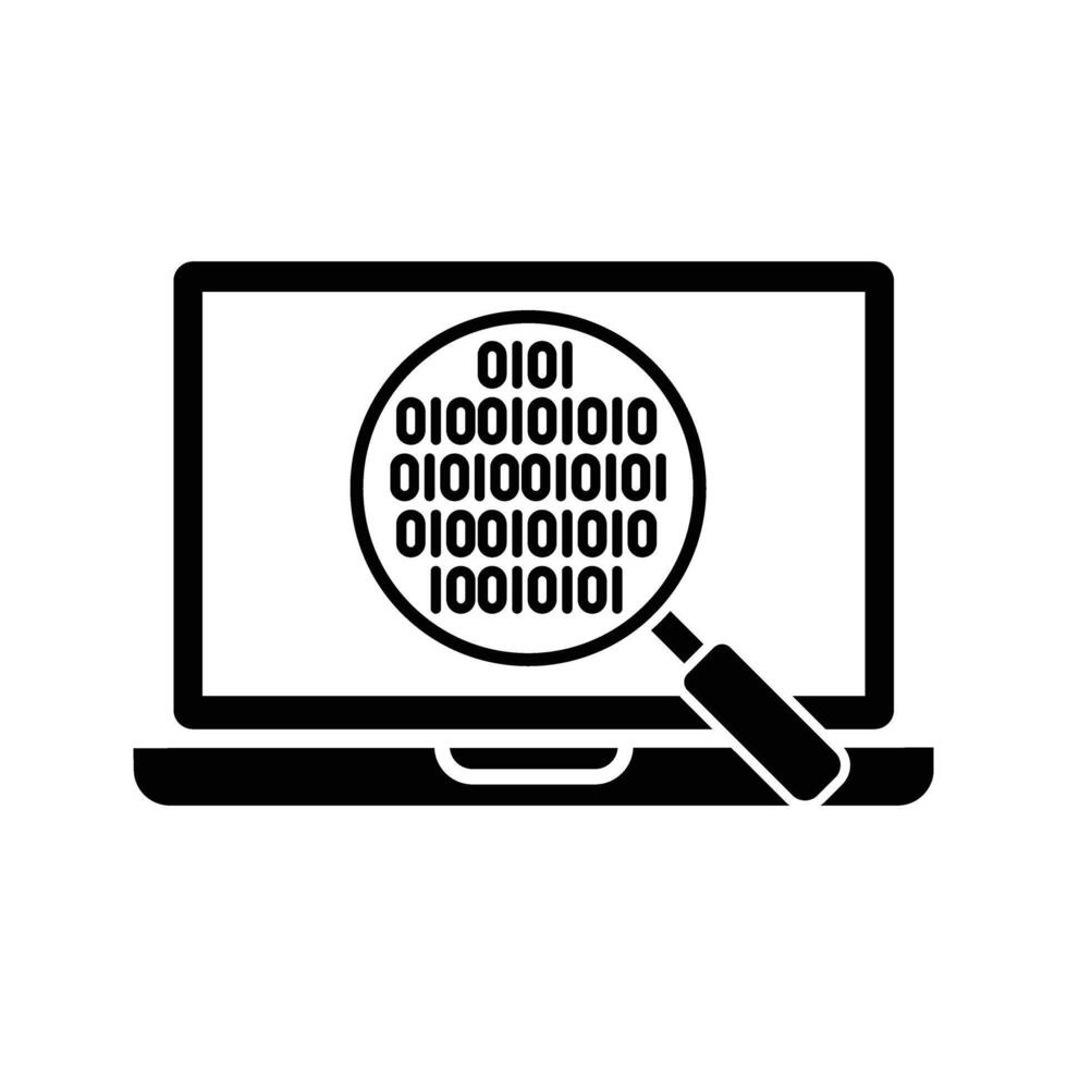 laptop with magnifying glass zooming the binary code vector
