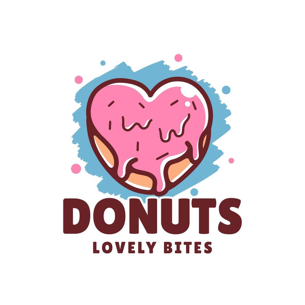 glossy heart shaped cartoon donut logo. Fun and playful design, perfect for sweet shop branding, bakery logos, or dessert themed projects. vector