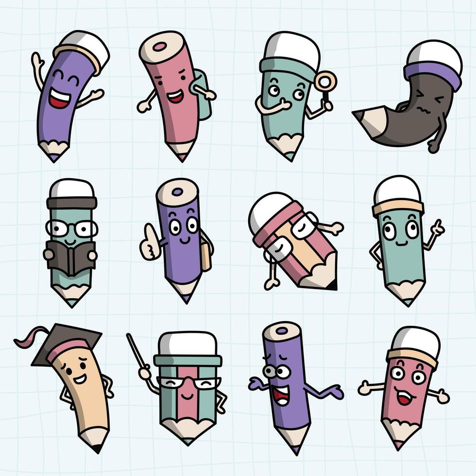 Cartoon stationery set pencil collection vector