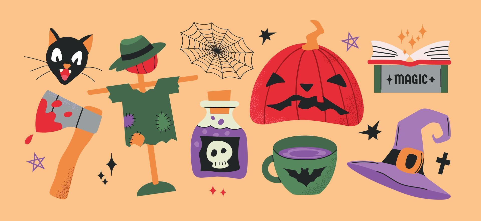 Set collection of Halloween hand drawn elements icon clipart avatar logotype isolated on light background vector