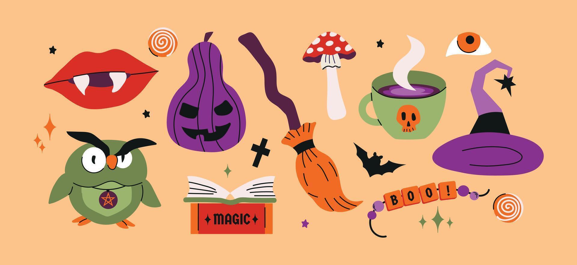 Set collection of Halloween hand drawn elements icon clipart avatar logotype isolated on light background vector