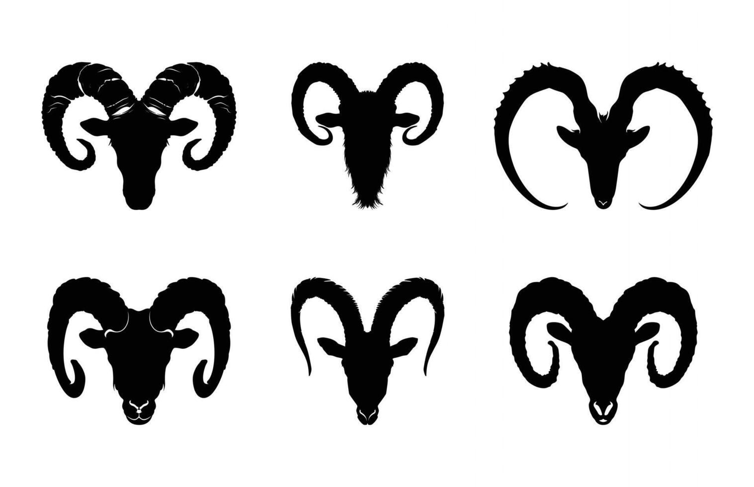 Ram Horn Silhouette Bundle, Ram Head Black Clipart Set vector