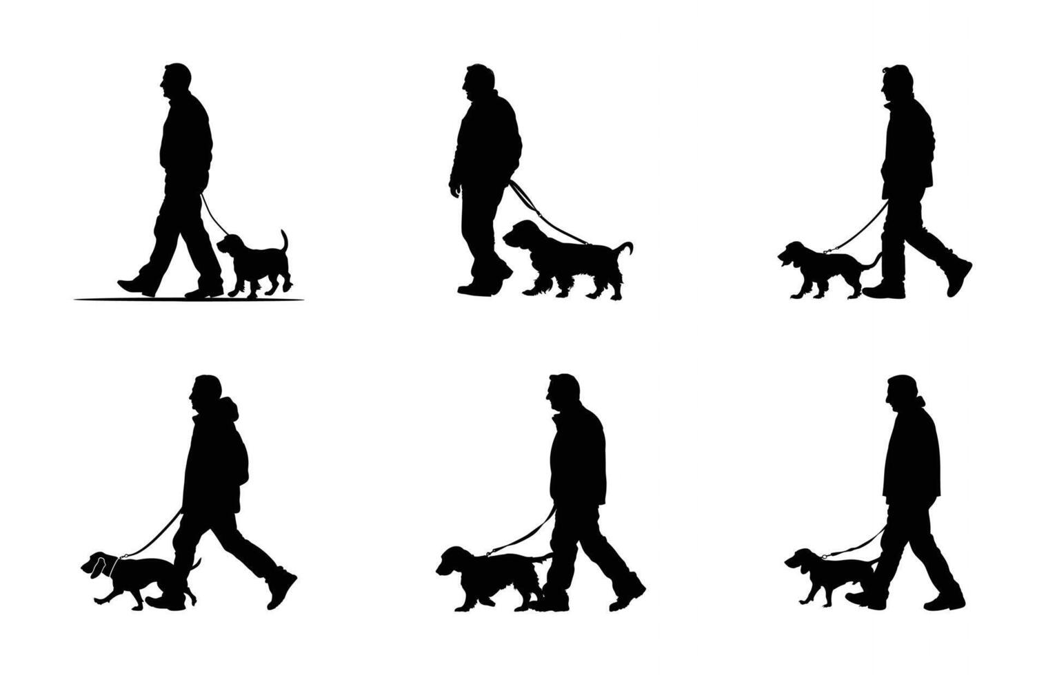 Man Walking with Basset Hound Dog Silhouette Set vector