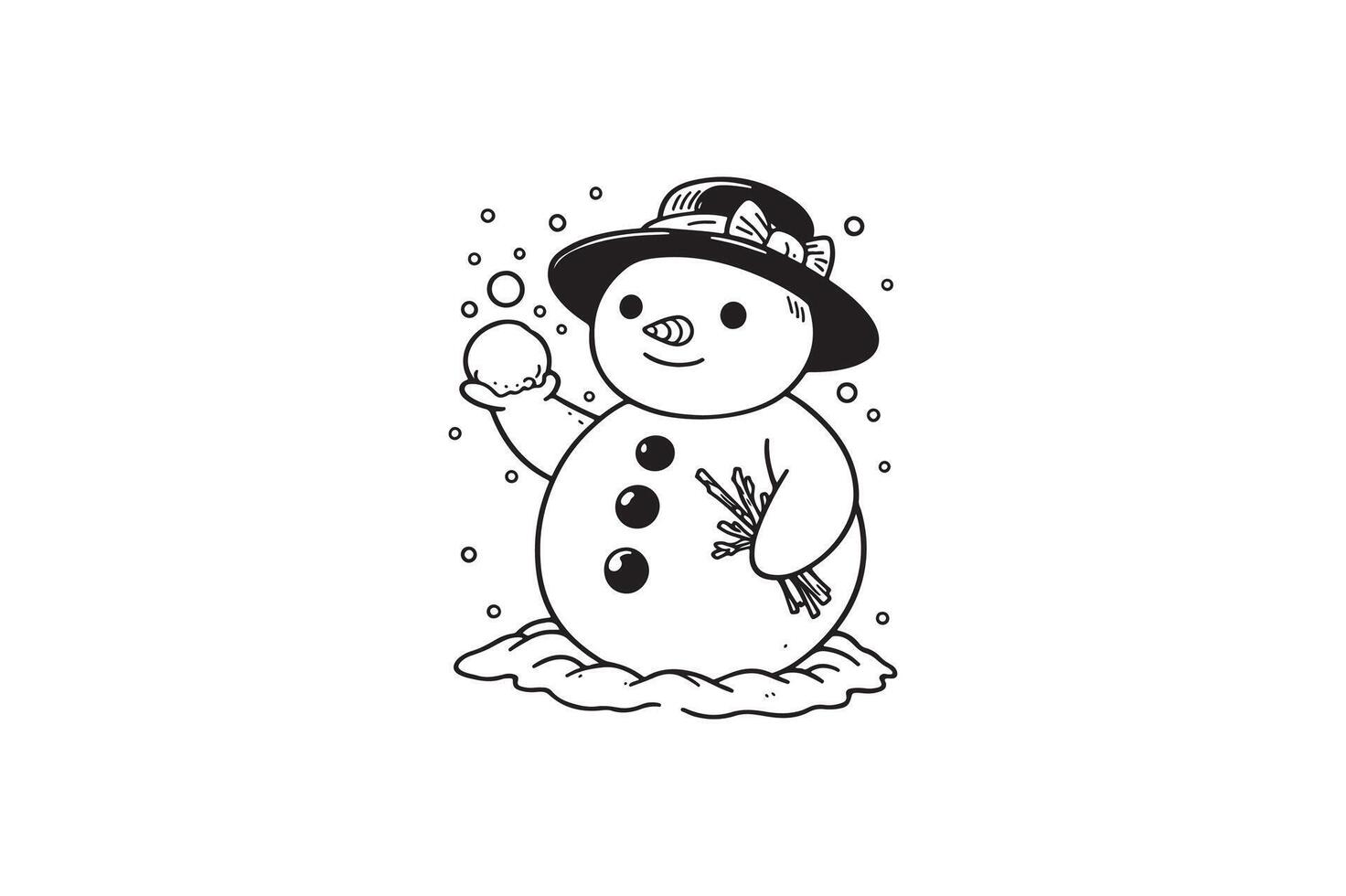 Snowman Posed with Snowball - Isolated Black and White Drawing. vector