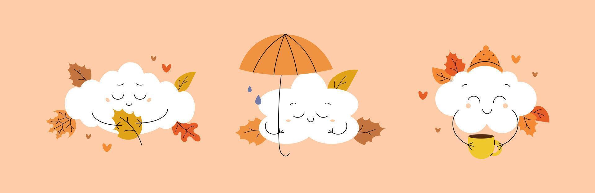 Set of autumn cute clouds with autumn leaf, umbrella and cup. illustration vector