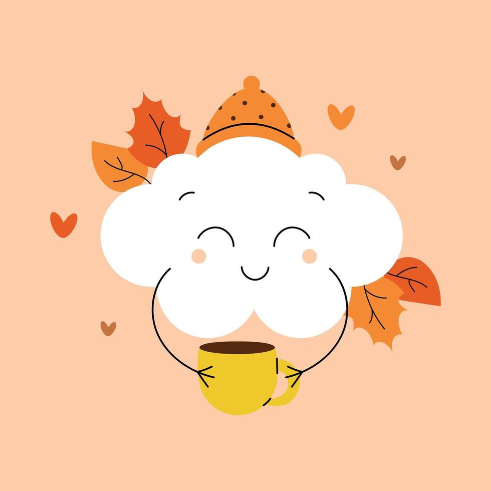 Cute autumn cloud with a smiling face holding an autumn cup of coffee. illustration vector