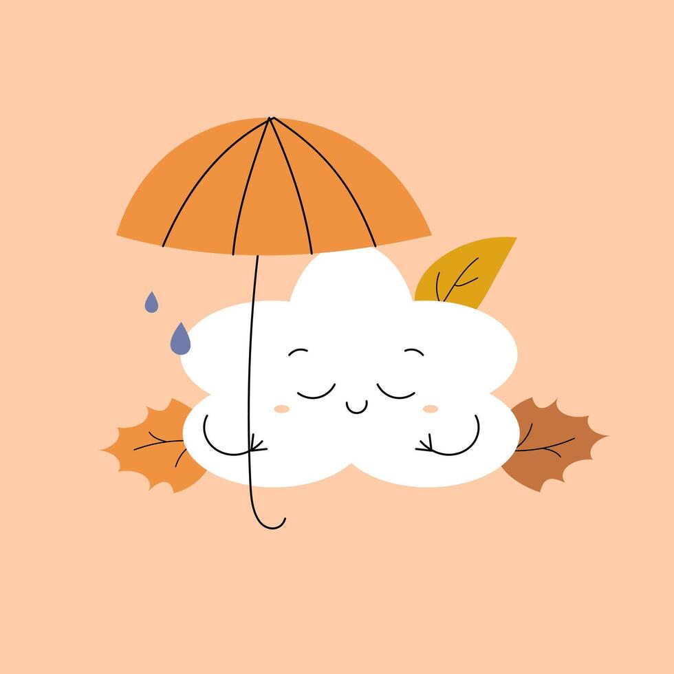 Cute autumn cloud with a smiling face holding an umbrella. illustration vector