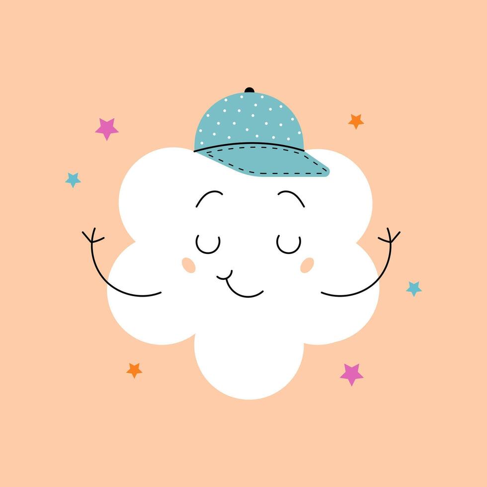 Cute summer cloud with a smiling face in a cap. illustration vector