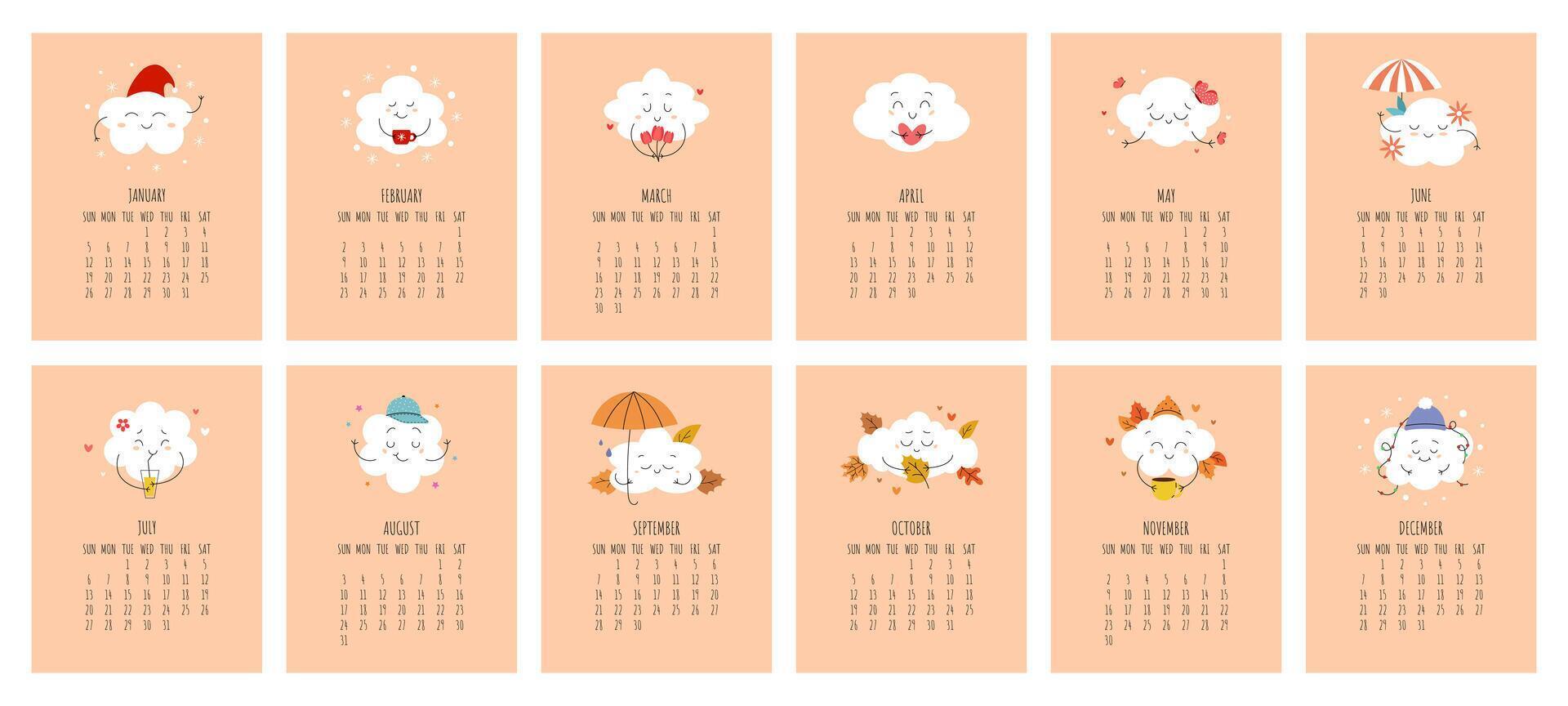 Vertical calendar 12 months 2025. With cute clouds with smiling faces. illustration vector