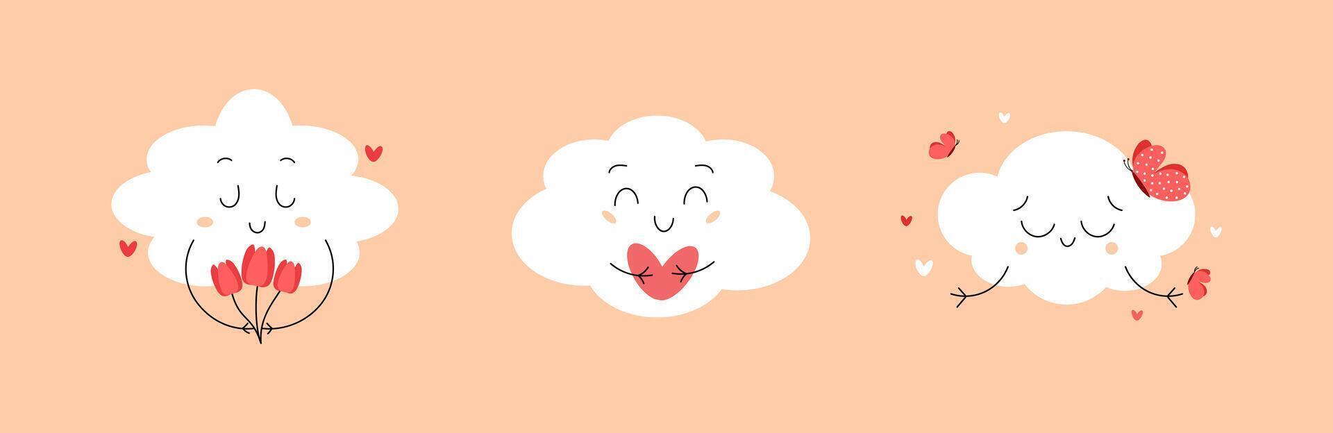 Set of spring cute clouds with tulips, butterflies and heart. illustration vector
