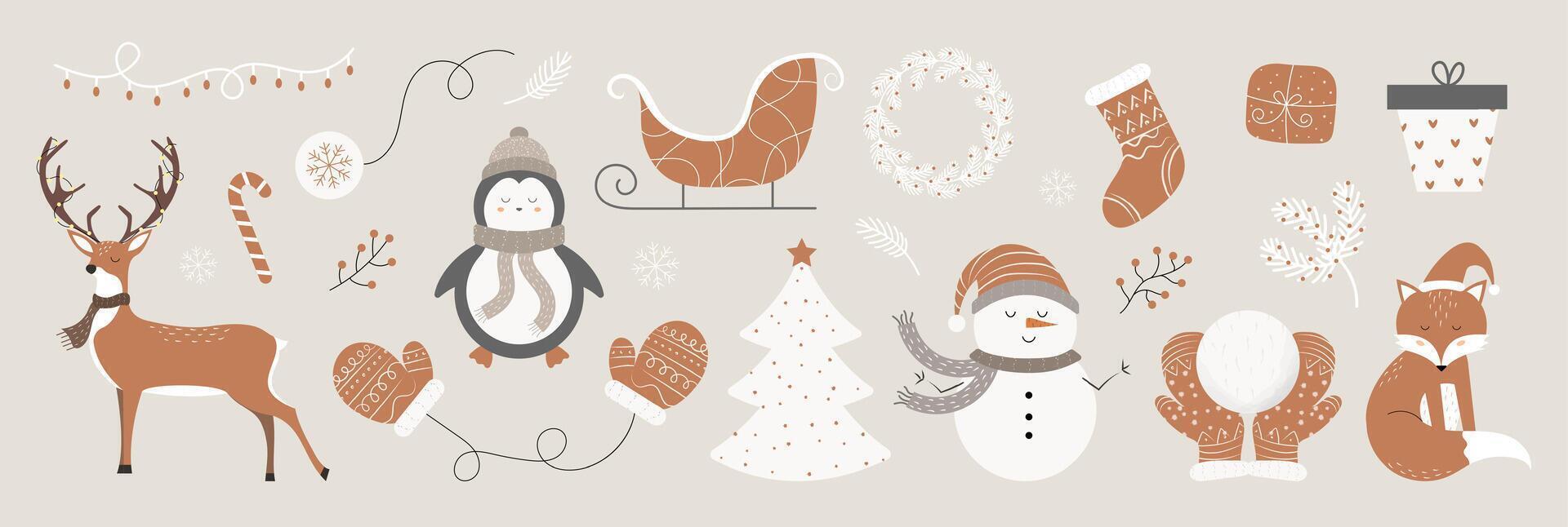 Christmas set of elements. Animals, snowman, Christmas tree, sleigh, sock, glove, deer, fox, penguin. Textured illustration vector
