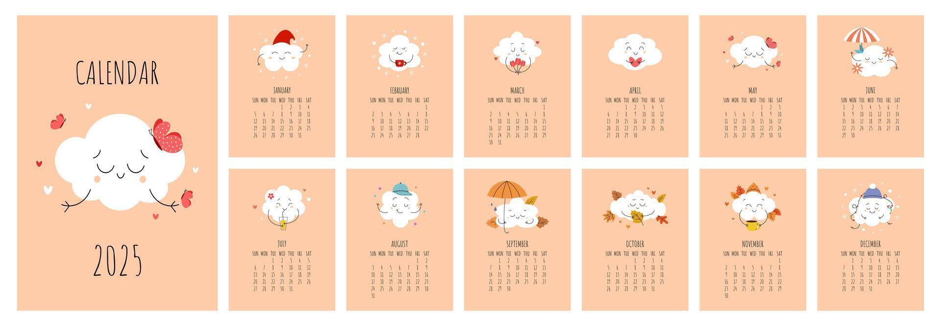 Calendar set 12 months 2025 design. With cute clouds with smiling faces. illustration vector