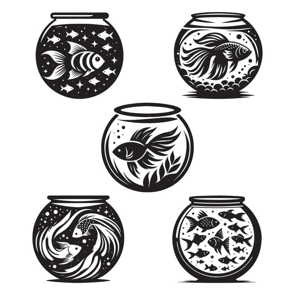 Set of fish bowl silhouette. Fish in the fish bowl black icon. vector