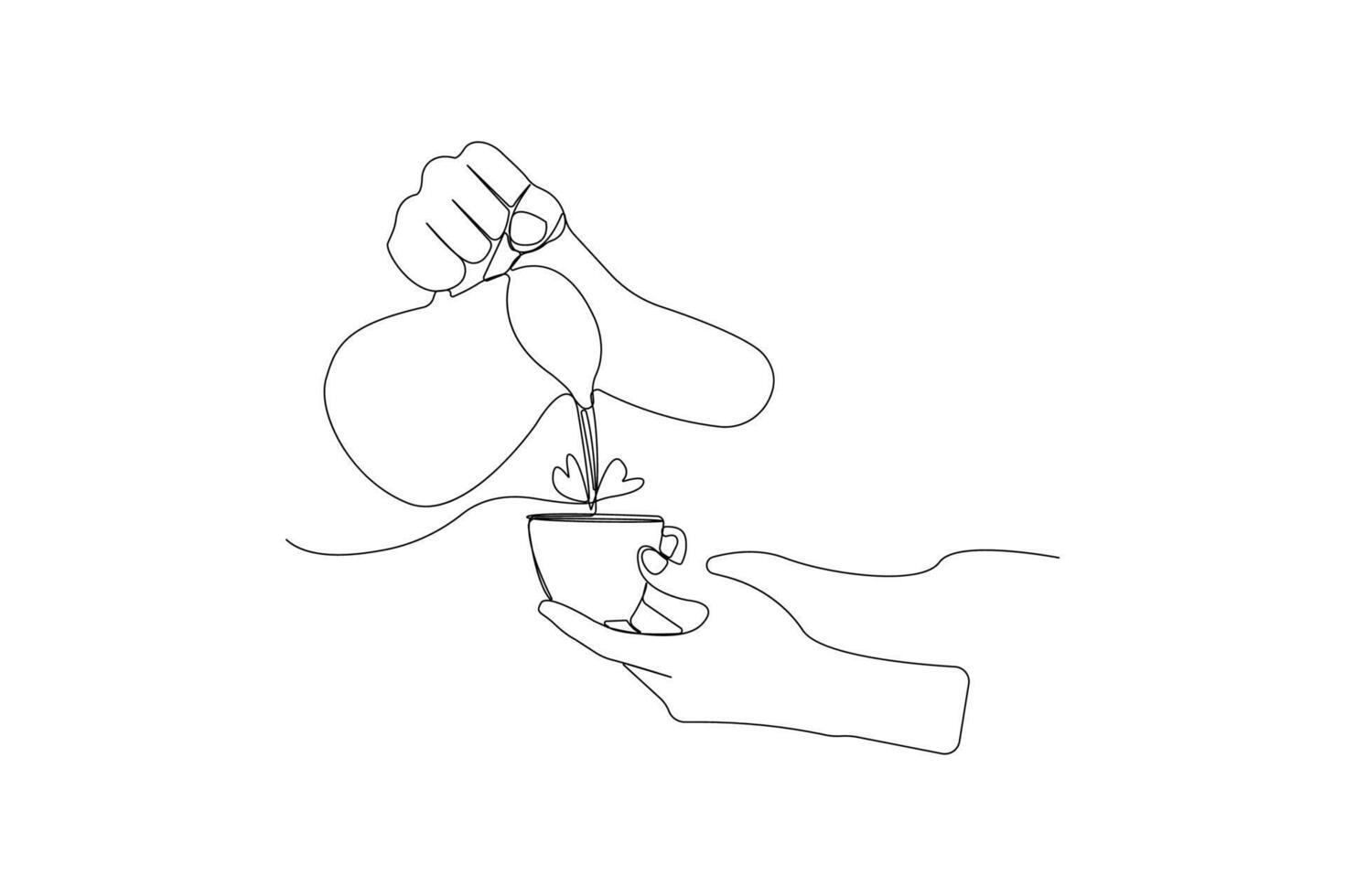Continuous line art drawing of hand pouring milk to coffee. Coffee continuous outline vector