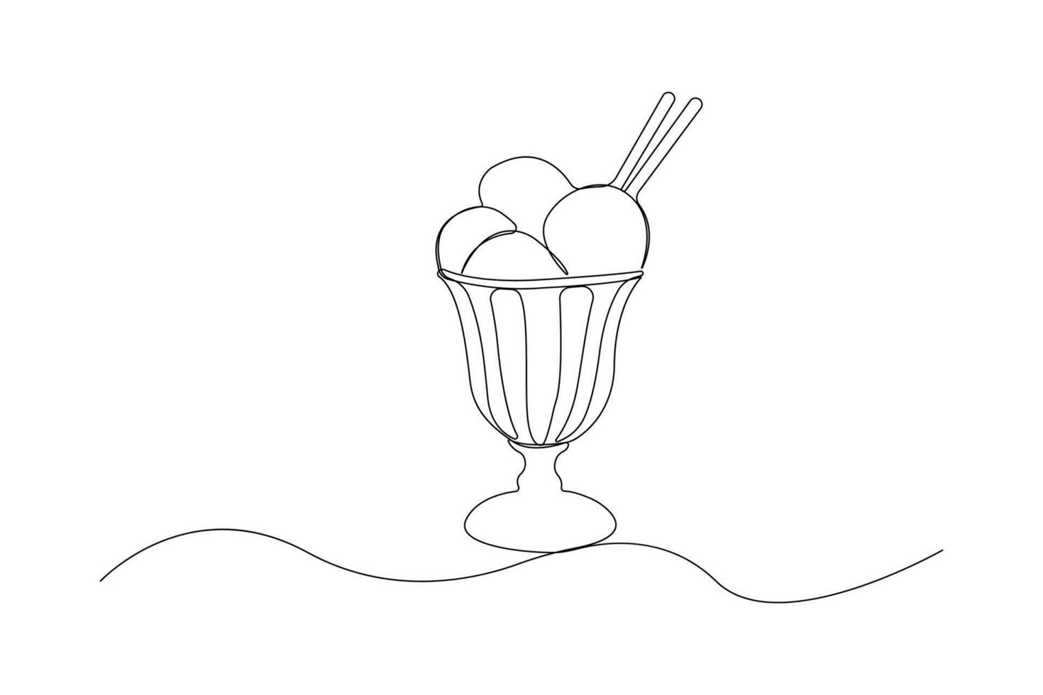 Hand-drawn minimalist continuous line art drawing of ice cream in glass. vector