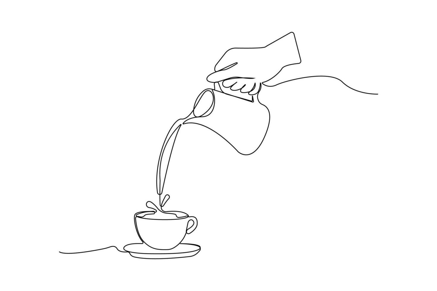 Continuous line art drawing of hand pouring milk to coffee. Coffee continuous outline vector