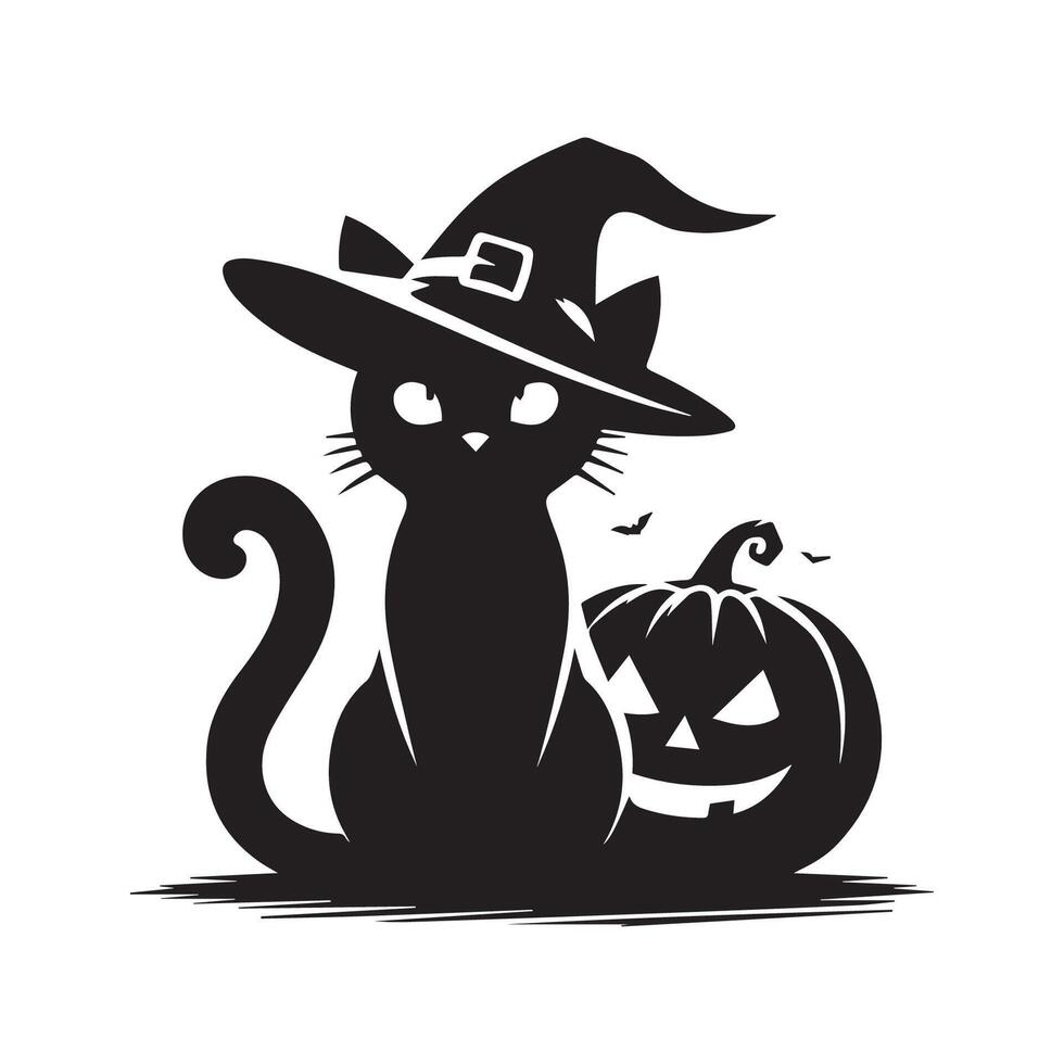 Black cat with scary pumpkin silhouette. Halloween elements. vector