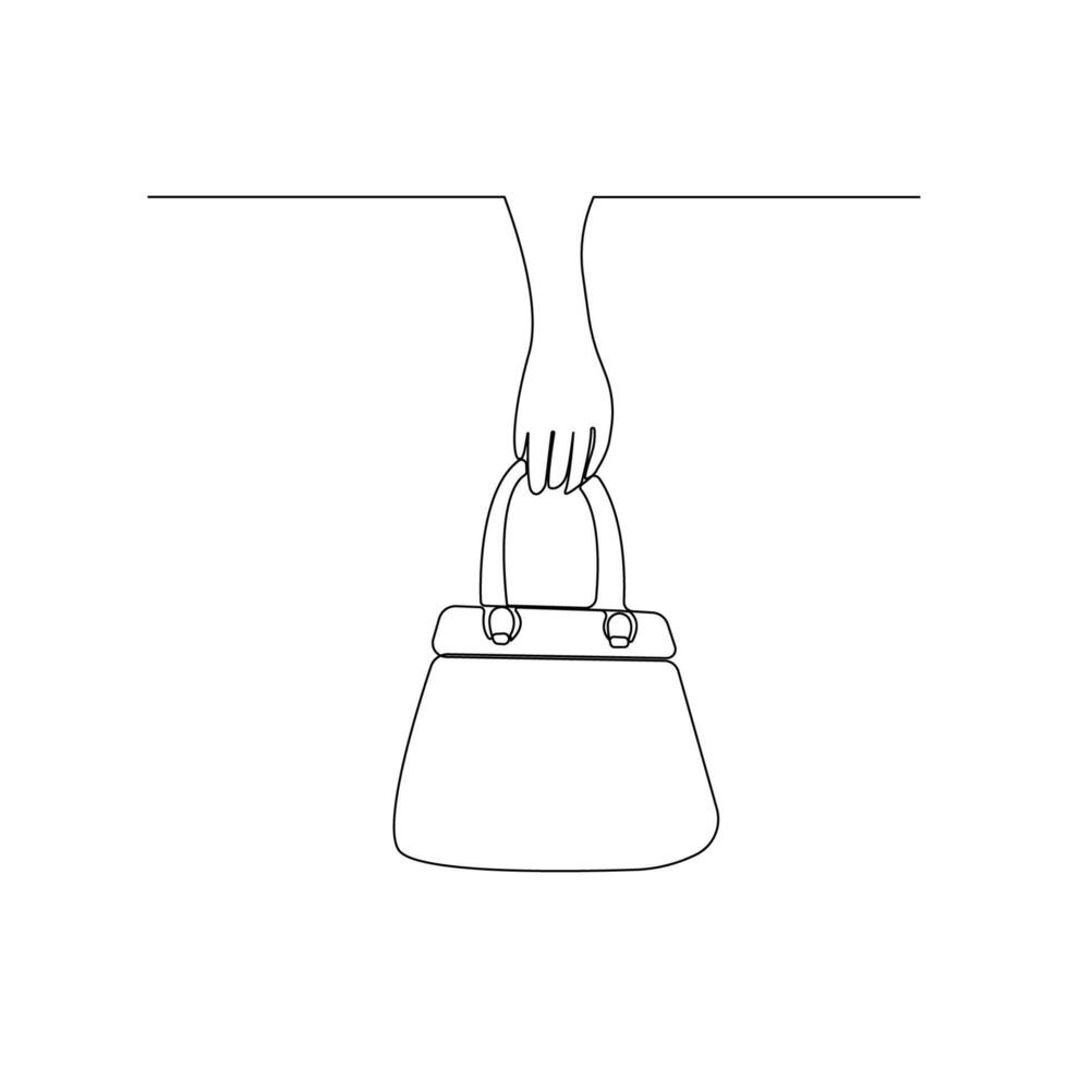 Hand holding a bag one-line art drawing. Holding a bag continuous outline . vector