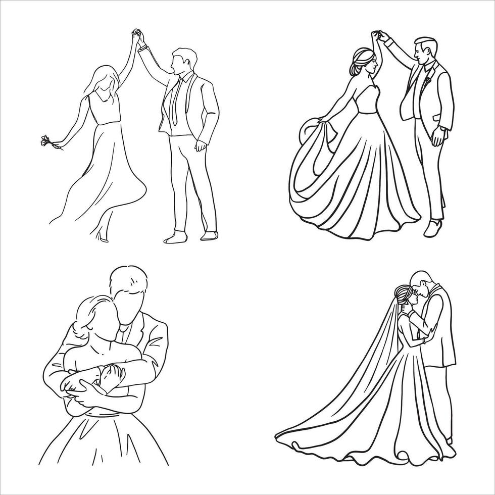 Set of Happy Love Couple wedding line art drawn. vector