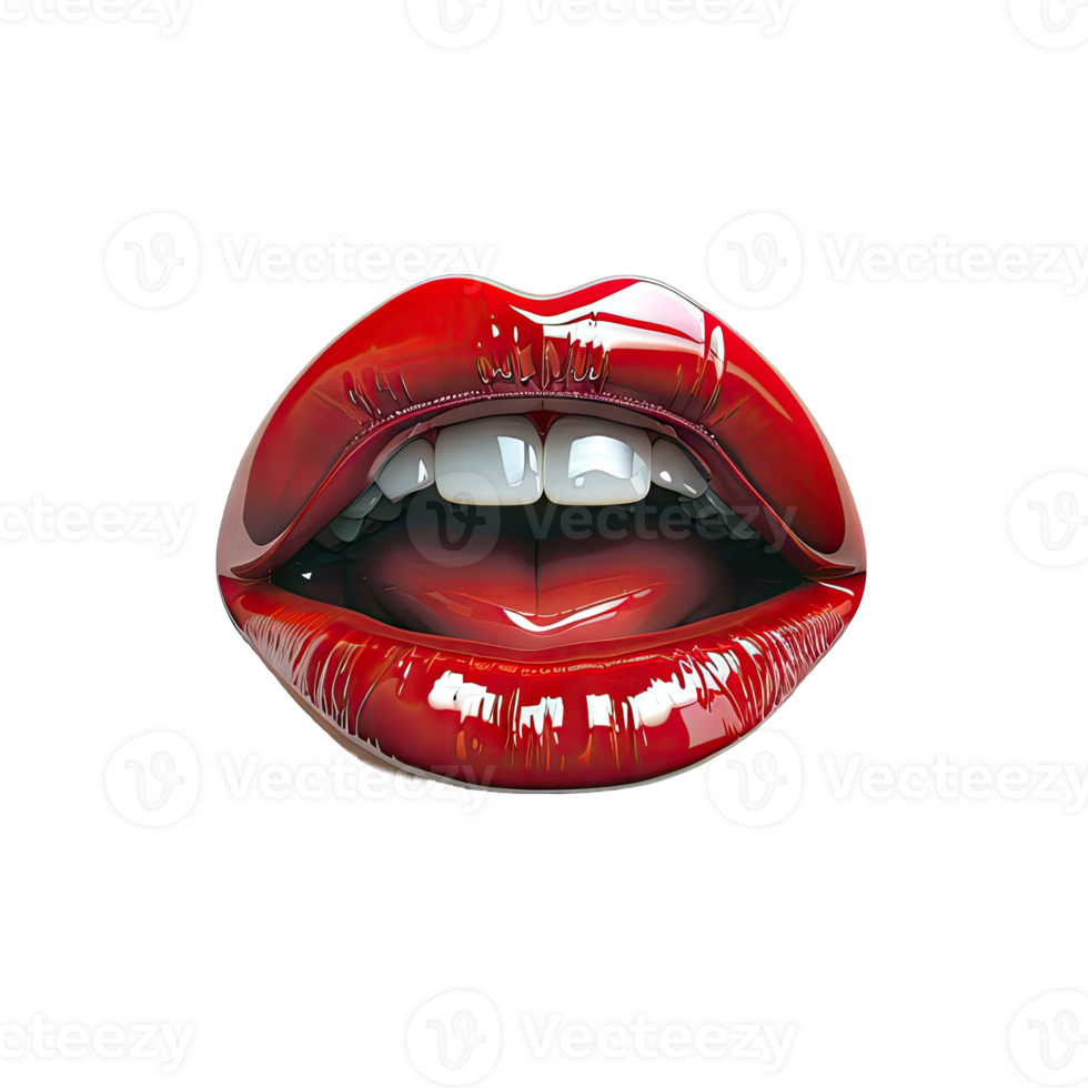 Close-up of glossy red lips with a seductive appearance, highlighting standout features and vibrant color. png