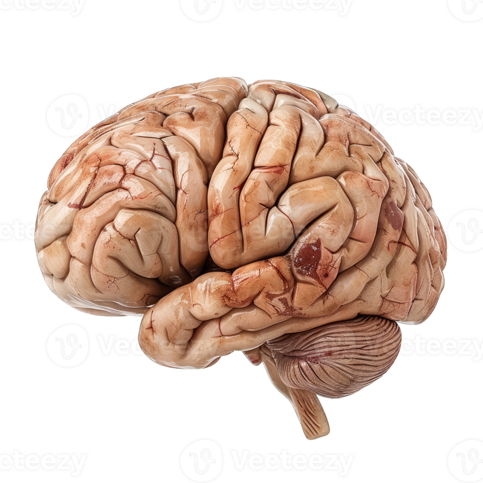 Detailed anatomical representation of a human brain showcasing neural structures and intricate patterns in a realistic style. png