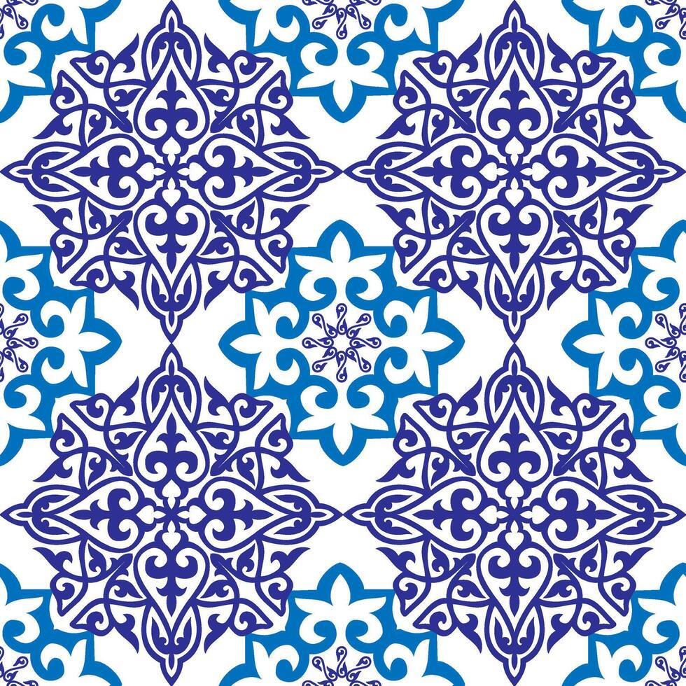 Moroccan Seamless Pattern Arabesque blue with light blue. Moroccan azulejo pattern, Talavera, majolica tile, Damask. Portuguese azulejo tile pattern floral ornament, Mediterranean ceramic, embroidery vector